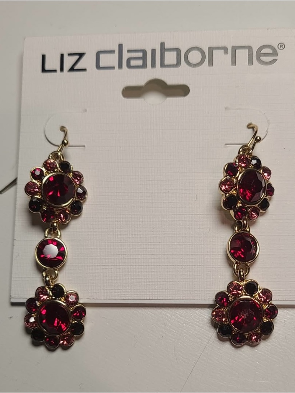 Liz Claiborne Gold-Tone Deep Red Crystal Drop Earrings